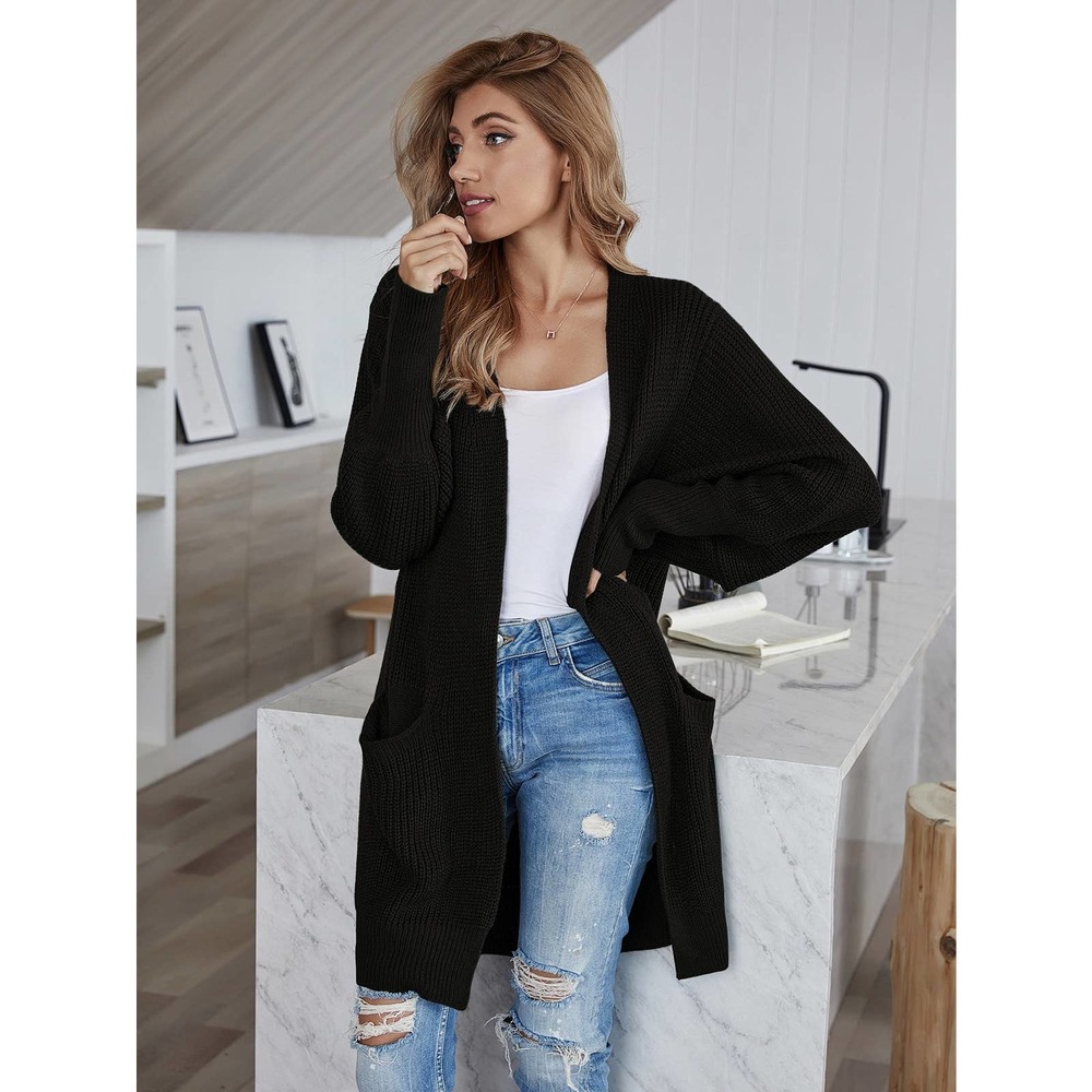 Batwing Sleeve Solid Cardigan with pockets black oversized - Picture 1 of 6